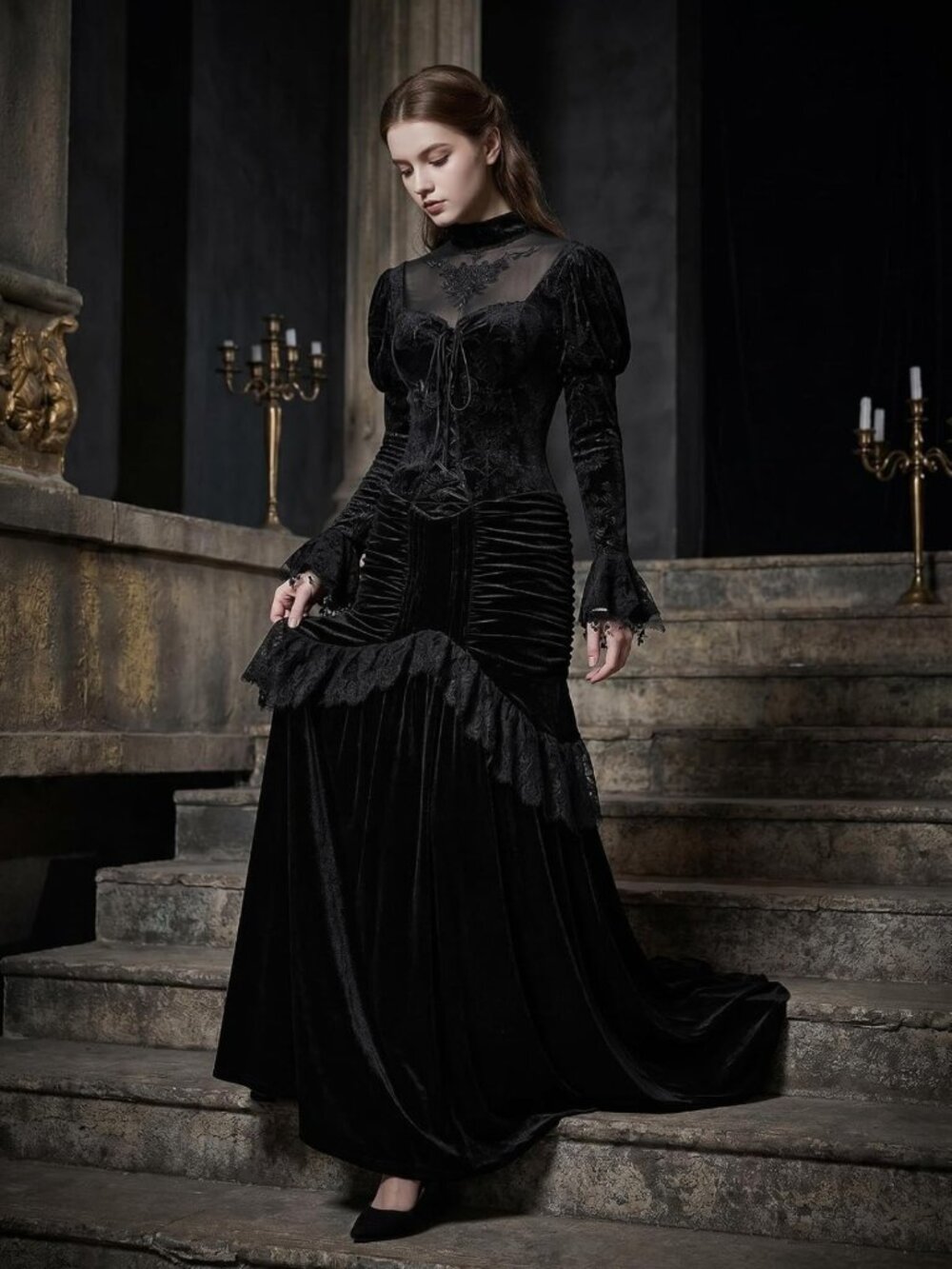 Gothic Witch Vampire Dress | Medieval Renaissance Velvet Costume for Halloween - Picture 6 of 7